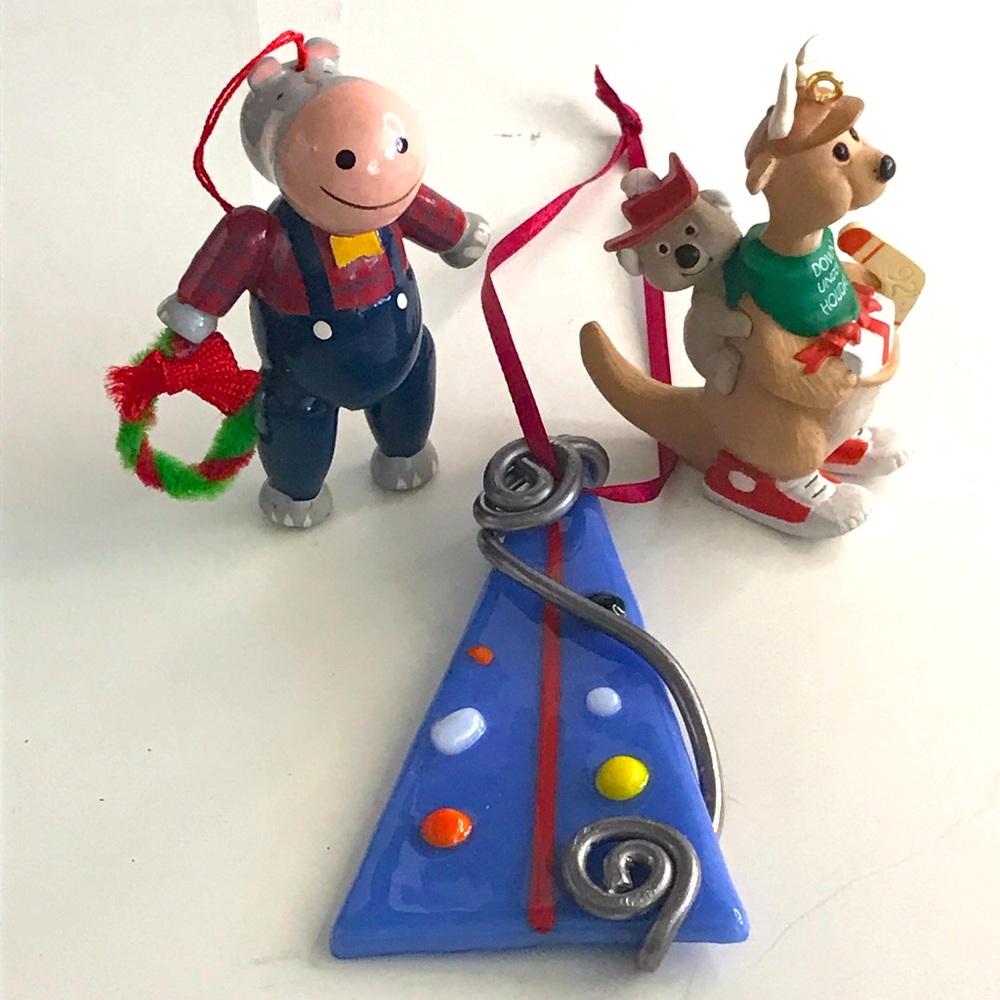 Lot of 3 Christmas Ornaments - Kangaroo, Wooden Hippo & Glass Art Ornaments
